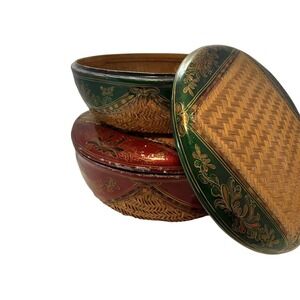 Vintage Asian Lacquerware Betel Box Set Hand Painted Bamboo Red Green Gold